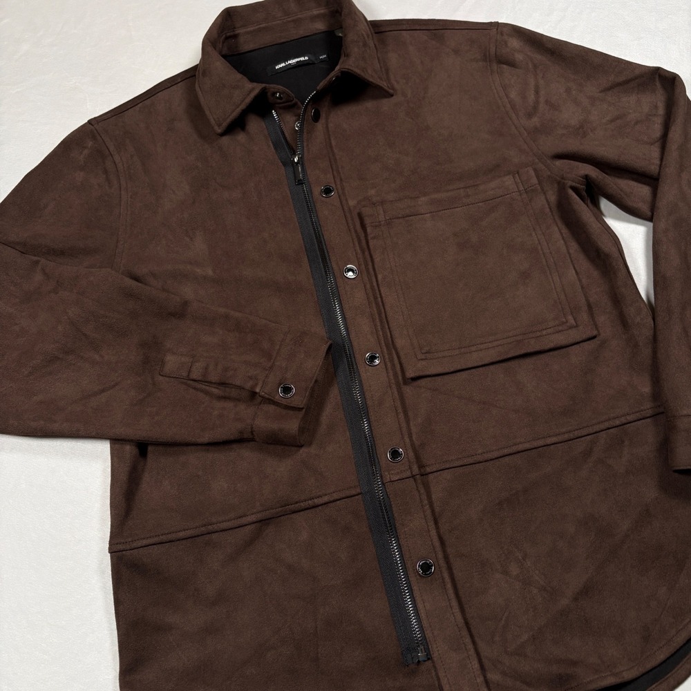 Karl Lagerfeld Shirt Jacket Mens M Brown Faux Suede Zip Snap EUC